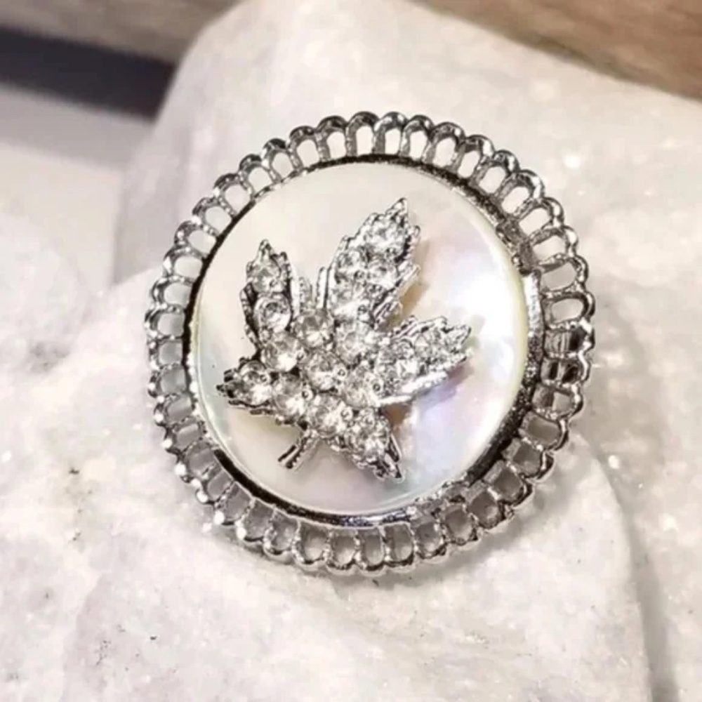 Vintage Rhinestone Mother of Pearl Maple Leaf Pin